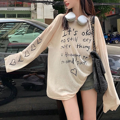 Women T-shirts Retro Letter Printed T-shirts Girls Casual Daily Long Sleeve Tops Lady Korean Fashion Baggy Clothes