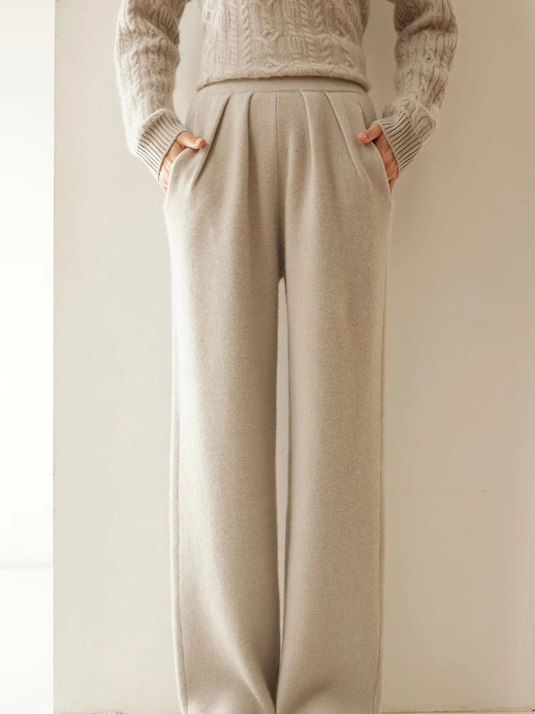 ADDONEE Women 100% Cashmere Pants Pleated Waist Wide Leg Pants Casual Simple Style Autumn Winter Cashmere Knit Trousers Luxury