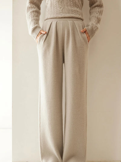 ADDONEE Women 100% Cashmere Pants Pleated Waist Wide Leg Pants Casual Simple Style Autumn Winter Cashmere Knit Trousers Luxury