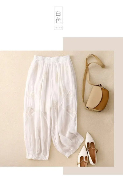 Cotton and Linen Harem Women Summer Vintage Embroidery Lightweight Breathable Lantern Pants