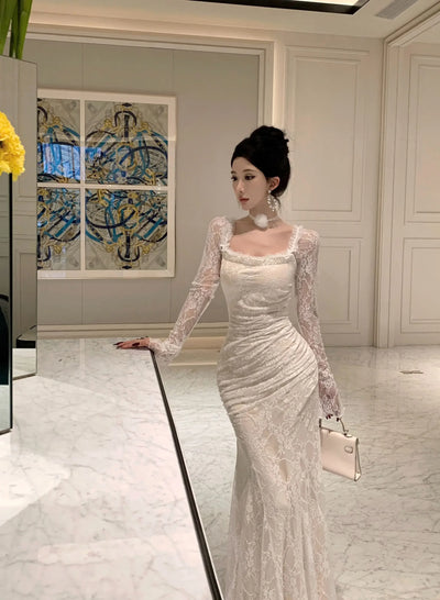 Women Korean Fashion Chic Luxury Evening Dress Autumn Winter White Lace Diamond Square Collar Dress 2025 Elegant Mermaid Dresses