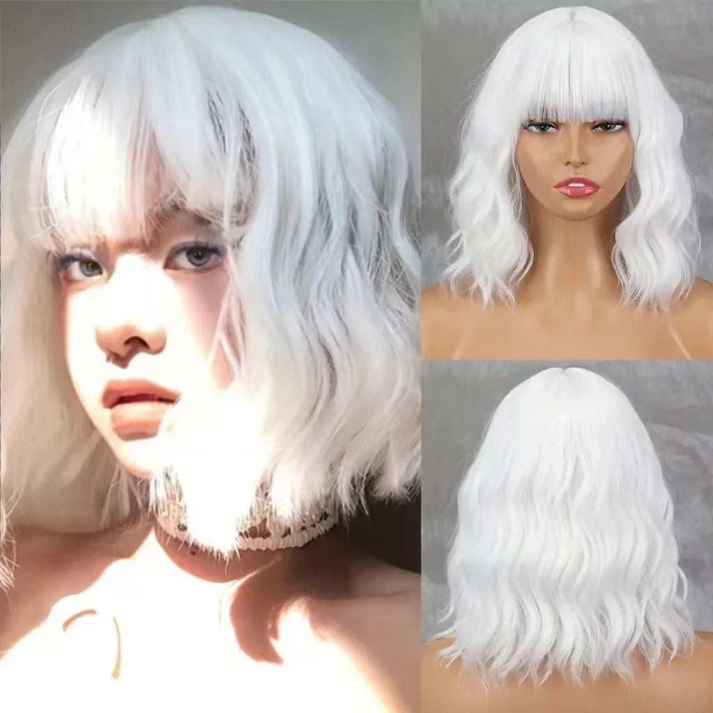12Inch Women's White Synthetic Wig with Bangs Short Wavy Bob Haircut Layered Curly Ends Natural Look for Cosplay Event Hairstyle