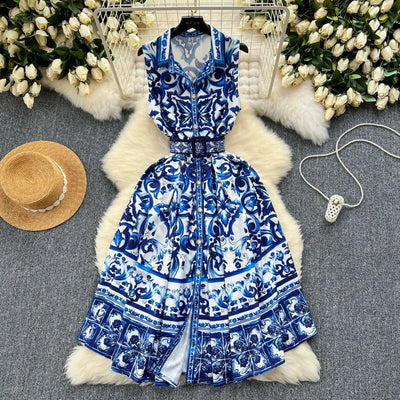 Summer Print Dress Women Sleeveless Elegant High Waist A-line Long Dresses for Women