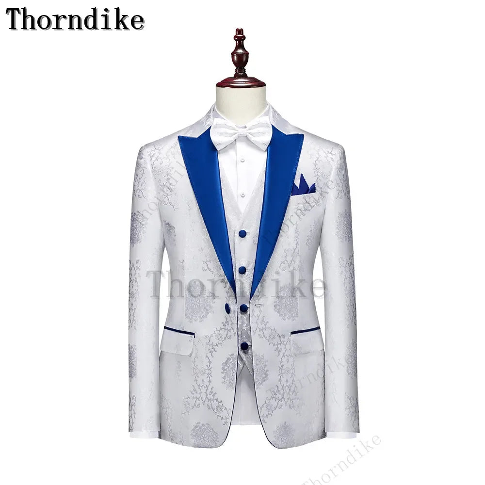 Thorndike Classic White Groom Tuxedo Groomsmen One Buttons Royal Blue Peaked Lapel Best Man Suit Wedding Men's Blazer Costume