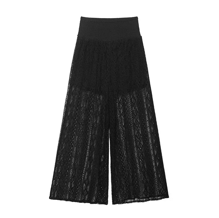 TRAF Women Lace Trousers Embroidery Hollow Out Simple Women's Pants Elastic Waist Loose Pants Female Wide Leg Pants