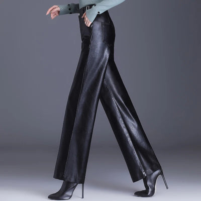 Women  Wide Leg PU Leather Pants  Autumn Winter Fashion Warm Long Pants Back Elastic Waist  Straight Elegant  Leather Trousers