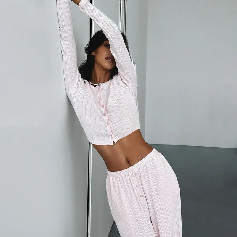 Women Homewear Two Piece Pajamas Set Elegant Long Sleeve Crop Top Wide Leg Pants Suit Outfits Loungewear Sleepwear Pyjamas