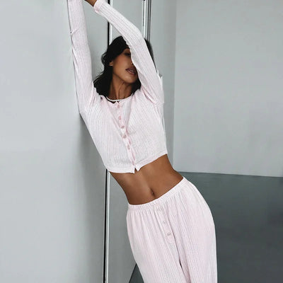 Women Homewear Two Piece Pajamas Set Elegant Long Sleeve Crop Top Wide Leg Pants Suit Outfits Loungewear Sleepwear Pyjamas