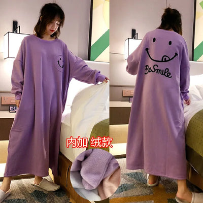 Female Loungewear Smiley Face Autumn Winter German Fleece Thickened Warm Long Nightgown Women Wearable Outdoors Lady Pajamas