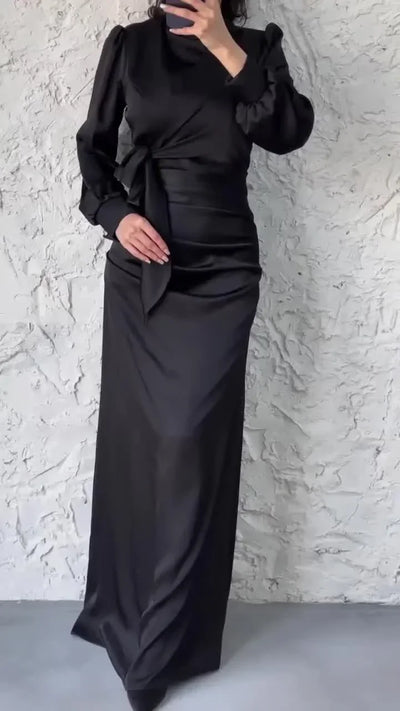 Dresses for Women 2024 Autumn Elegant Fashion Temperament Commuting Long Sleeves Round Neck Skinny Satin Party Evening Dress