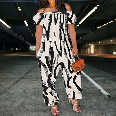 Women Sexy Off Shoulder Jumpsuit Short Sleeve  Floral Print  Romper Wide Leg Long Pants with Pockets Plus Size