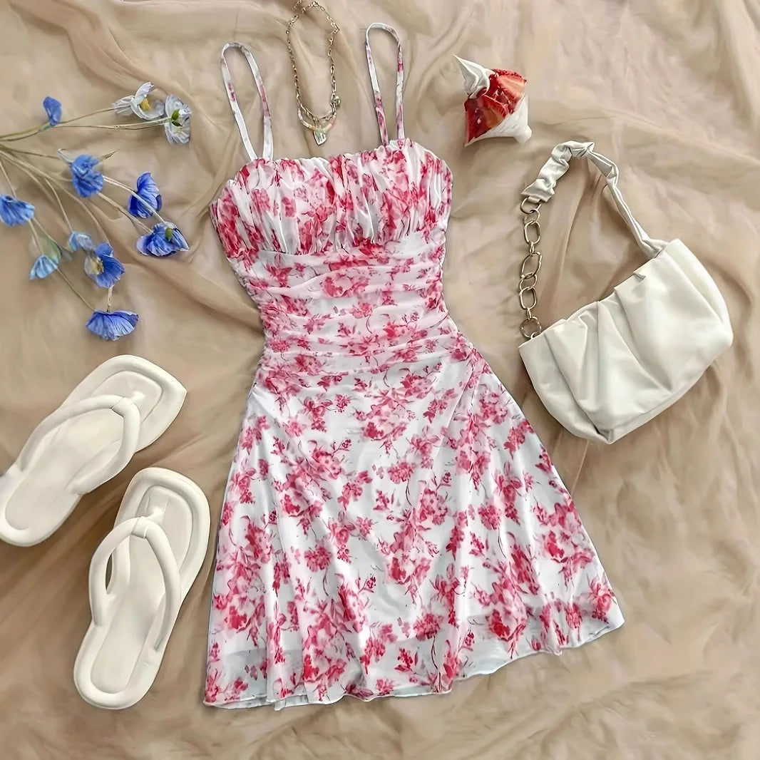 Women's Summer Elegant Floral Mini Dresses Fashion Fold High Waist Slim A-Line Dress Lady Sexy Backless Spaghetti Strap Sundress