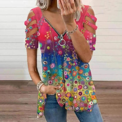 Summer Women's Oversized T-shirt 2025 Elegant Print Floral Casual Zipped V-Neck Sexy SlimTop Female Plus Size For Women Clothing