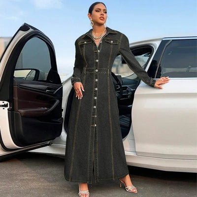 Denim Dress Women Long Dresses Spring Turn Down Collar Elegant Work Splice Vestidos Single Breasted A Line Y2k Tops Streetwear