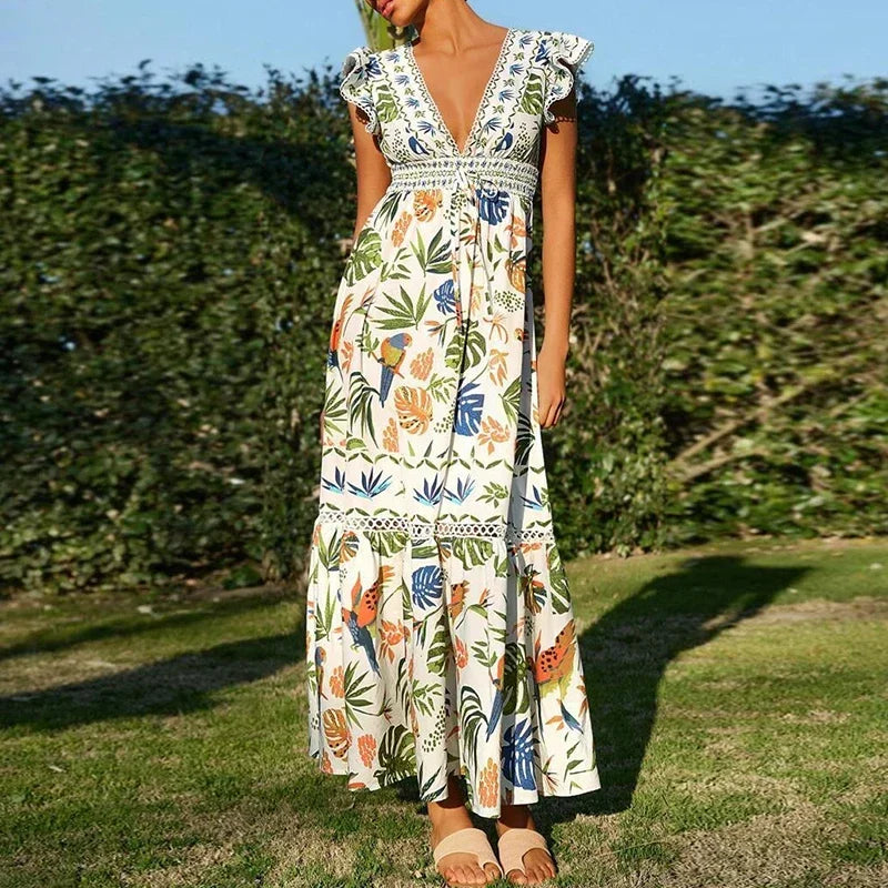 Women Summer Dress Elegant Floral Print Loose Hem Maxi Dress Spring V Neck Butterfly Sleeve Bohemian Holiday Dress Vestido Mujer