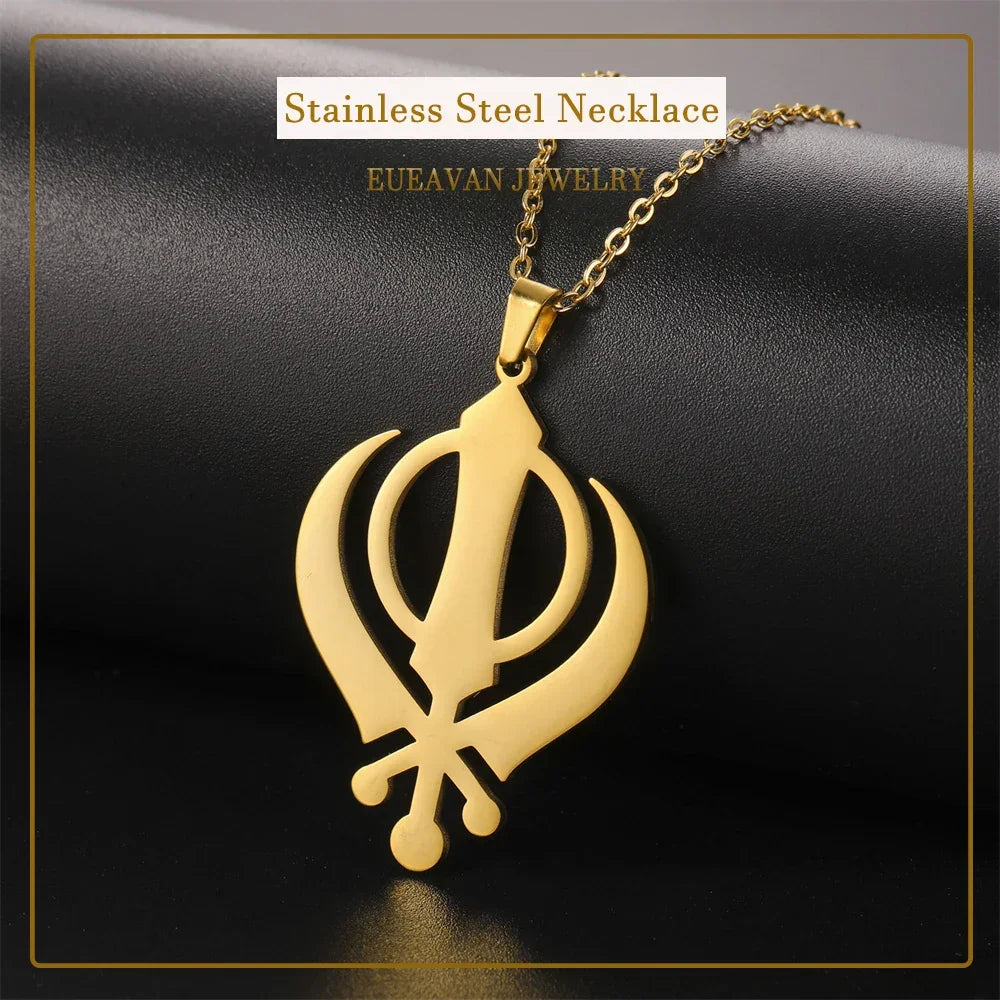 EUEAVAN Classic Sikhism Symbol Necklace for Women Men Stainless Steel Sikh Khanda Necklaces Religious Protection Amulet Jewelry