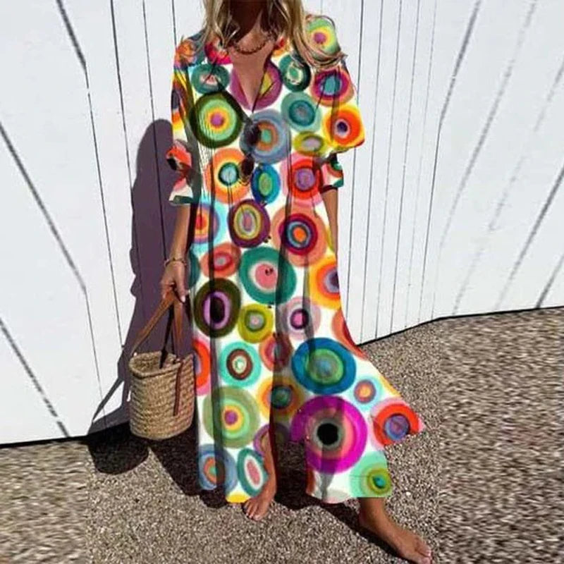 Women Dresses Summer 2025 Sexy O Neck Dot Print Boho Beach Dress Cascading Ruffle Half Sleeve Maxi Dress Wrap Sundress Robe