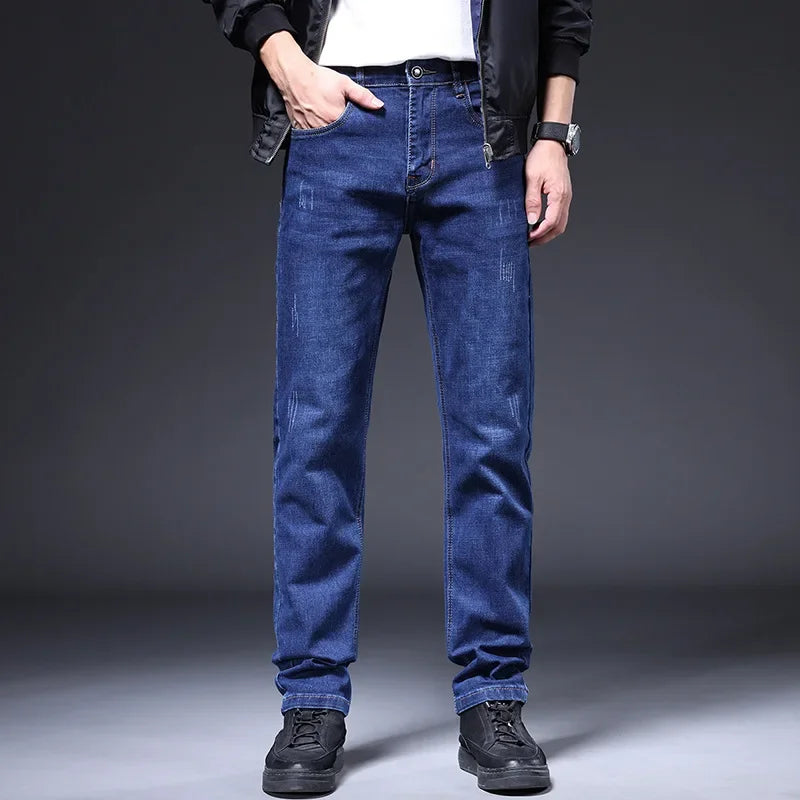 2025 New in Men's Stretch Jeans Straight Fit Denim Pants Male Formal Classic Blue Business Casual Regular Autumn Cowboy Trouser