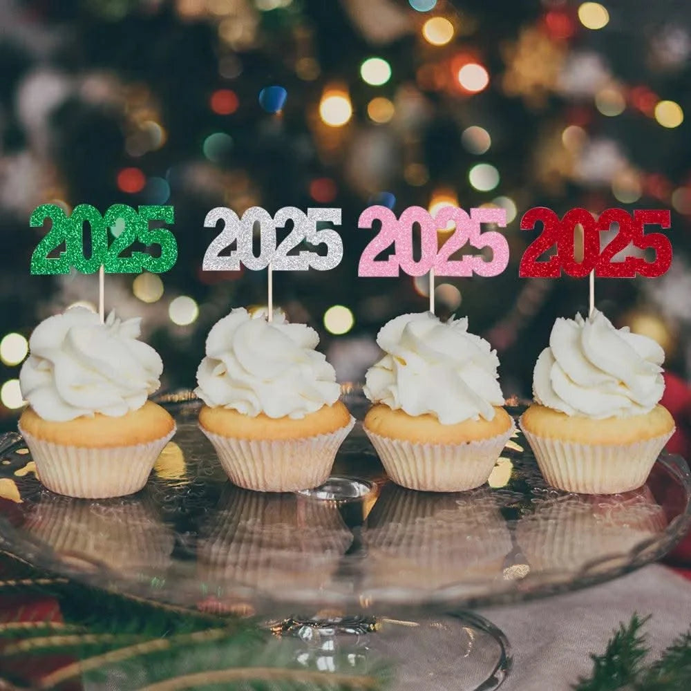 12pc Glitter 2025 Number Cupcake Toppers Happy New Year Party Cake Decoration Christmas Graduation Party Cake Toppers Home Items