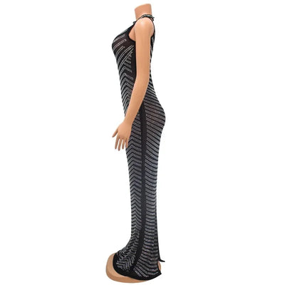Sexy Sheer Mesh Studded Maxi Dress Women Sheath Backless Party Dress Clubwear