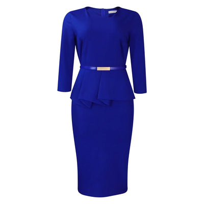Dress Office Wear for Women Professional Skew Collar Three Quarter Sleeve Belt Waisted Sheath Package Hips Mid Calf Formal Dress