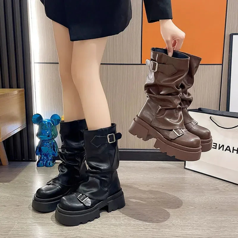 Women's Boots Brown Maillard Retro New Spring Autumn Height Increasing Comfortable Anti Slip Fashion Belt Buckle Boots 2025