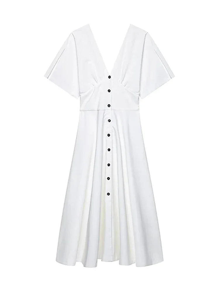 Women's Dress 2025 Summer Autumn New White Short Sleeve Buttons V Neck Midi Dress Casual Fashion Personality Versatile Vestidos