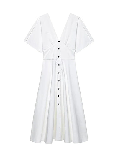 Women's Dress 2025 Summer Autumn New White Short Sleeve Buttons V Neck Midi Dress Casual Fashion Personality Versatile Vestidos