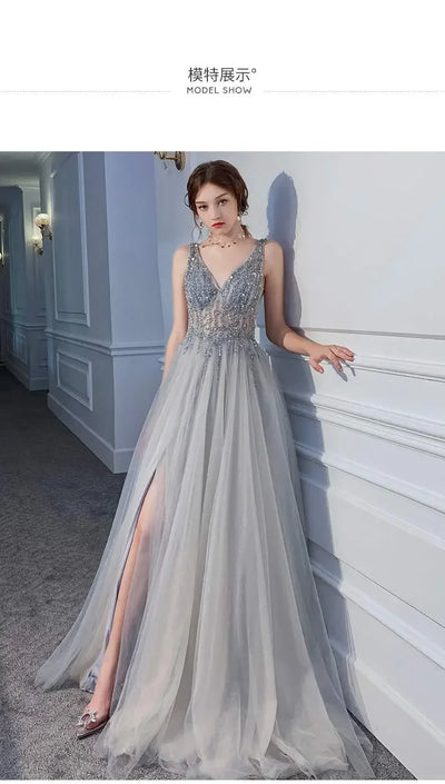 Women's Evening Dresses Sexy V-neck Luxury Formal Party Gown Backless Beads Sequins Tulle Side Split Banquet Evening Dress