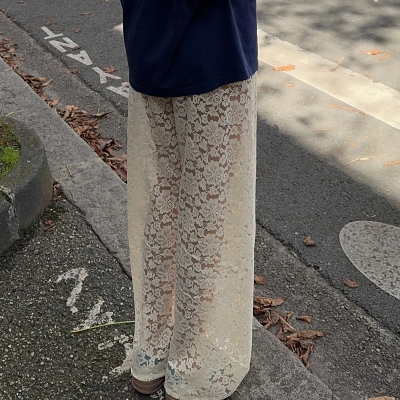 Women Fashion Lace Wide Leg Pants Casual Loose Sheer Lace High Waist Trousers for Work Office Streetwear