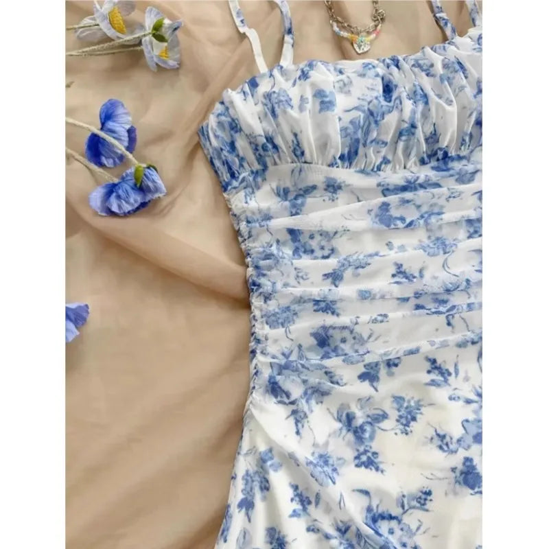 Women's Summer Elegant Floral Mini Dresses Fashion Fold High Waist Slim A-Line Dress Lady Sexy Backless Spaghetti Strap Sundress