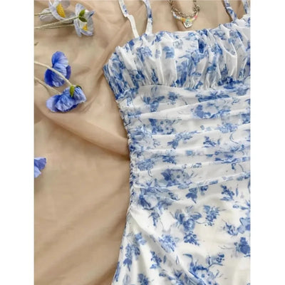 Women's Summer Elegant Floral Mini Dresses Fashion Fold High Waist Slim A-Line Dress Lady Sexy Backless Spaghetti Strap Sundress
