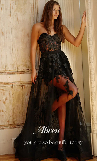 Aileen Black Luxurious Women's Evening Dresses for Special Occasions Lace فساتين سهرة Party Dresses Woman Leaves Customized Prom