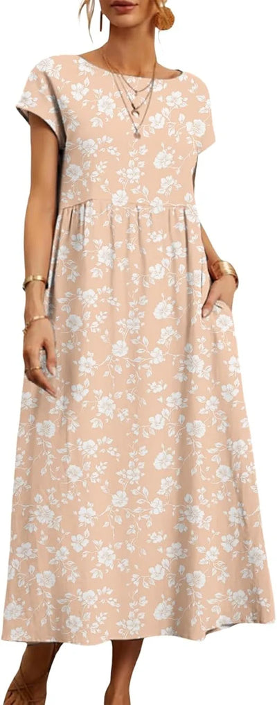 Women's Summer Dresses, Short Sleeves, Midi Casual Dresses with Pockets, Flowy T-Shirt Dresses, Floral Resort Beach Vest Dresses