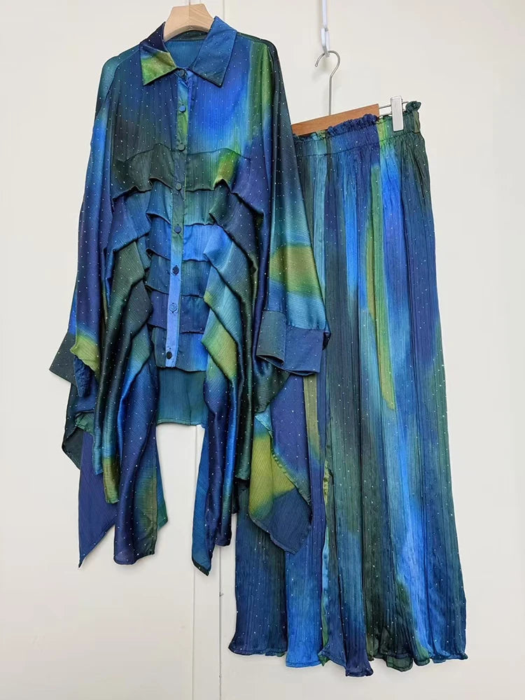 2025 Summer Women's Retro Geometric Printed Multi layered Flaw Loose Irregular Shirt Set+High Waist Wide Leg Pants Fashion Set