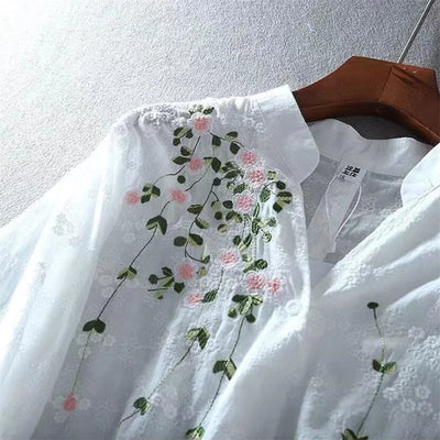 Literary Cotton Shirts For Women Embroidery Flowers Woman Blouses V-neck Half Sleeve Lace Blouses Summer Thin Top Female Shirt