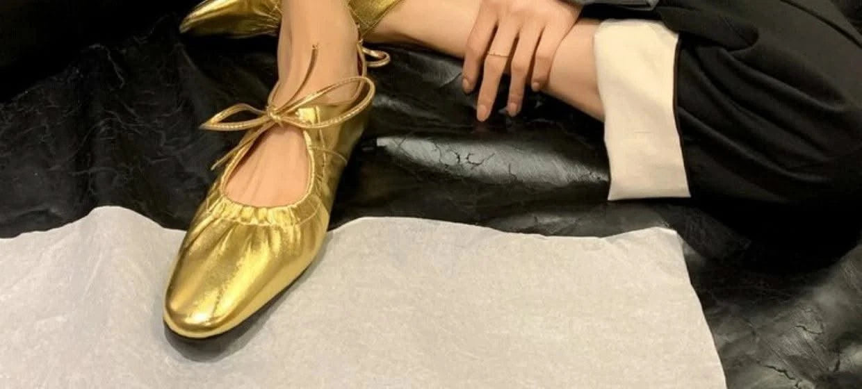 Women Ballet Leather Narrow Band Flat Shoes  Bling Silver,  Gold Footwear