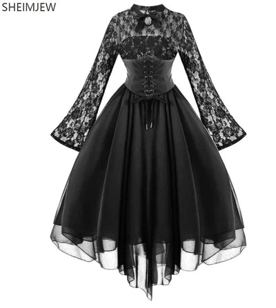 Renaissance Court Gown Victorian Medieval Costume Women Halloween Cosplay Full Sleeve Lace Dress Birthday Party Princess Suit