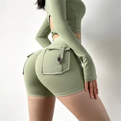 Shorts Women Solid Yoga Pants Pocket Button Short Pant Slim Fit Trousers Wrap Hip Splice Sporty High Waist Lady Summer