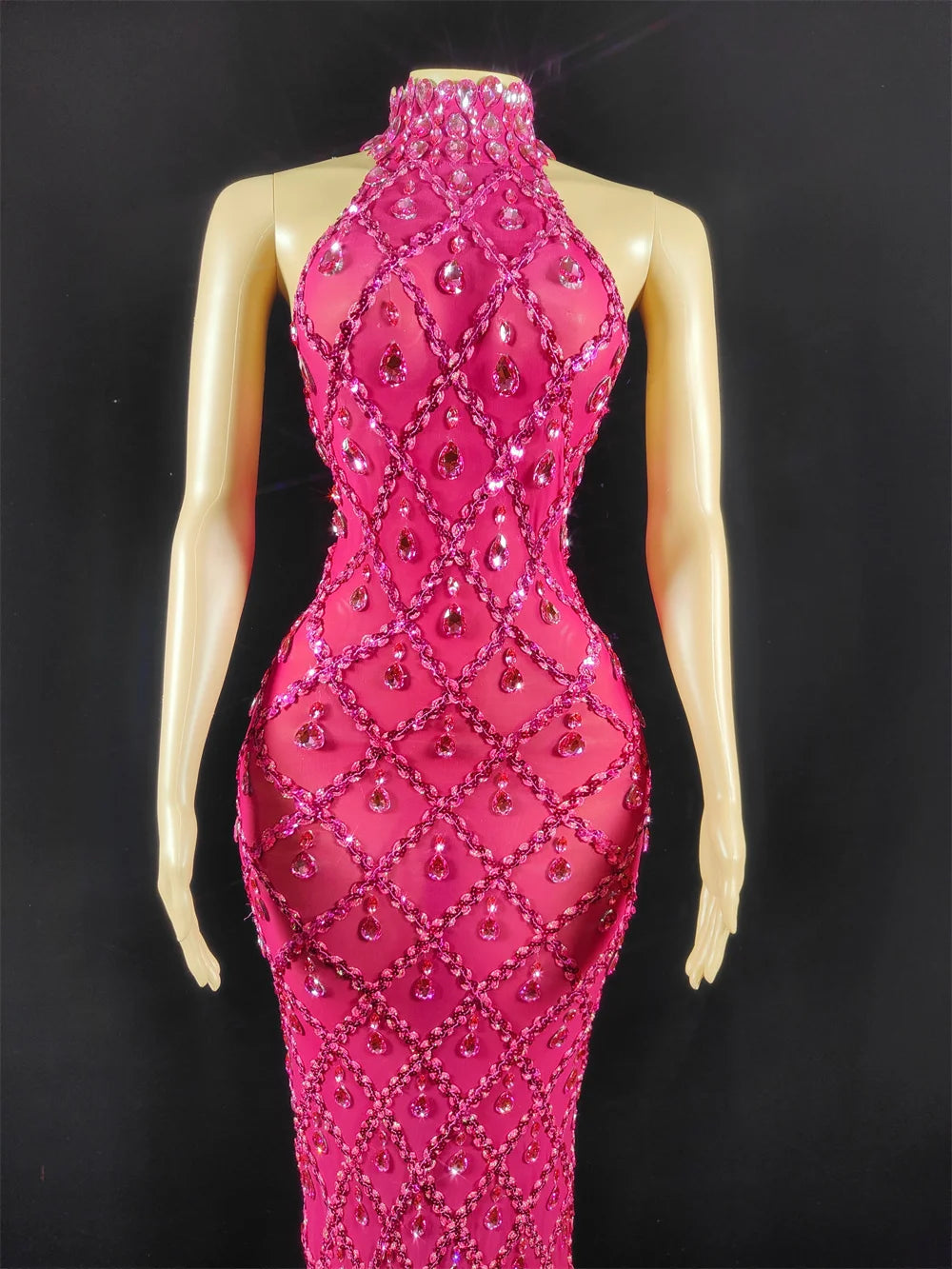 Women Sexy Stage Shining Rhinestone Sequins Dress Evening Prom Birthday Dress Transparent Performance Singer Club Host Dress