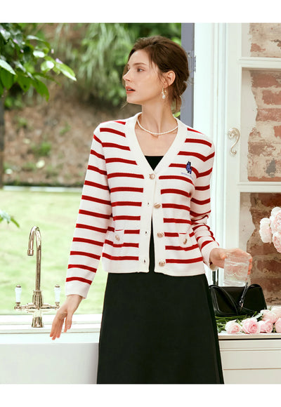 OLrain Wool Blend Striped Cardigan Women 2025 Spring Commute Embroidery V Neck Long Sleeve Chic Button Knitwear M56QZ86390