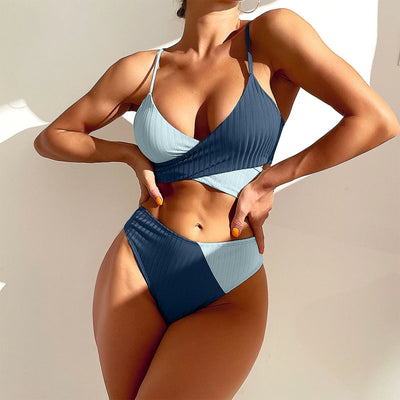 Summer Ladies Sexy High Waist Print Two Piece Bikini Sets Biquini Women Swimsuit Clothing Set Color Block Mujer Swimwear Suits