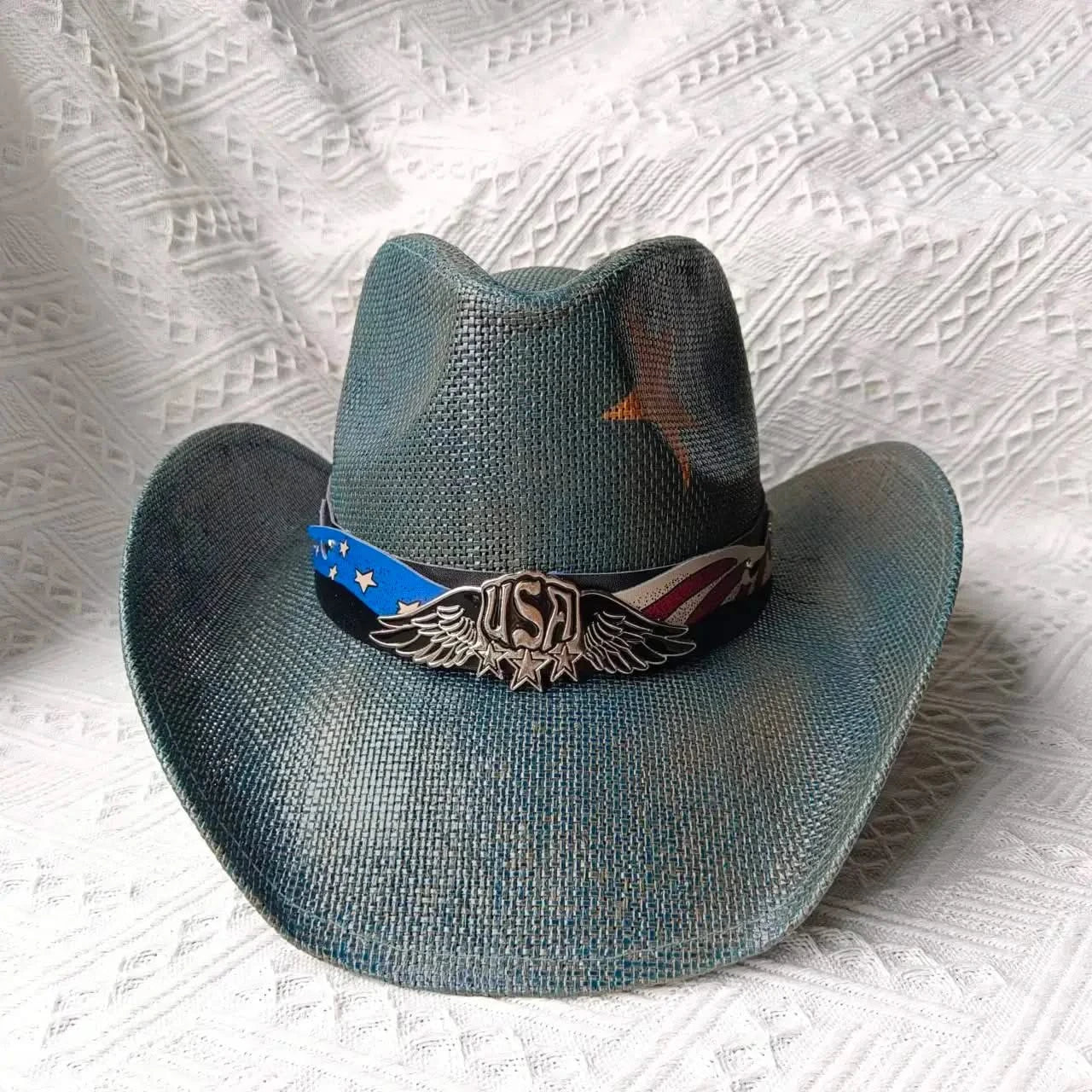 New Lake Blue Western Cowboy Straw Hat 2024 Spring and Summer New Outdoor Sun Hat Men's and Women's Cowboy Hat gorras