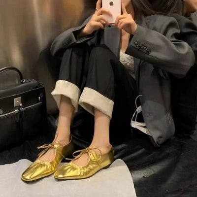 Women Ballet Leather Narrow Band Flat Shoes  Bling Silver,  Gold Footwear