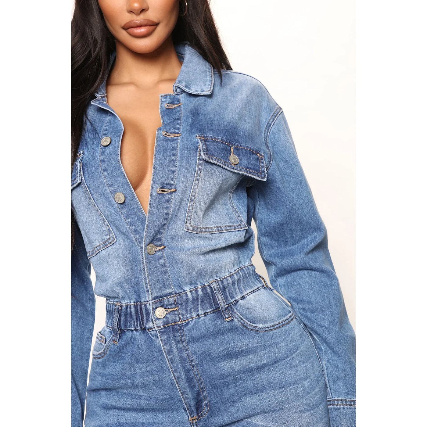 Women Jeans Jumpsuits Single Breasted Solid Denim Washing Overalls Pockets High Street Button Pencil Pants Ankle Length