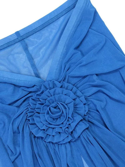 Beyprern Women's Royal Blue 3D Flower Bikini Set 3 Pieces Outfits Summer Sheer Mesh Blossmed Ruched Dress Cover-Up Set Swimsuits