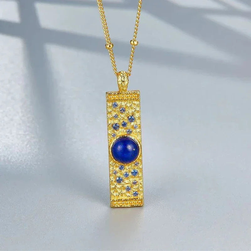 Lapis Lazuli CZ 925 Silver Gold Plated Hammered Bar Pendant Necklace Women Blue Stone Geometric Trendy Dainty Luxury Necklaces