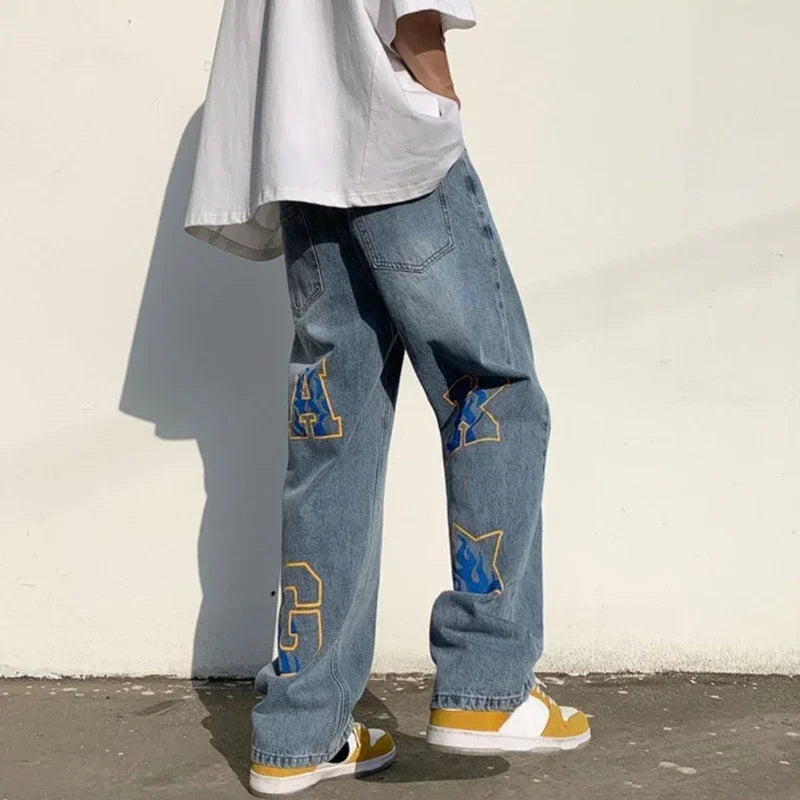 Men's Jeans Hip Hop Man Cowboy Pants Star Straight Graphic Trousers Korean Style 2024 Autumn Fashion Stylish Japanese Street Xs