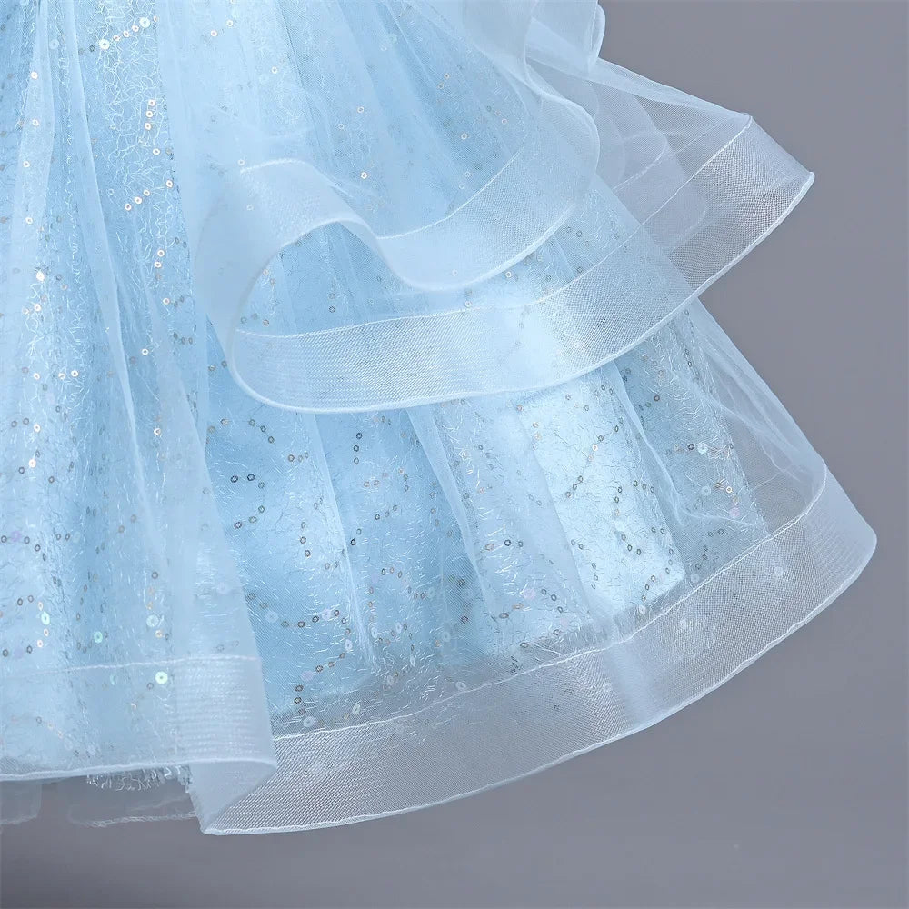 New Girl's Wedding Evening Dress Petal Sequin Mesh Sleeveless Dress Birthday Party School Graduation Party Dress