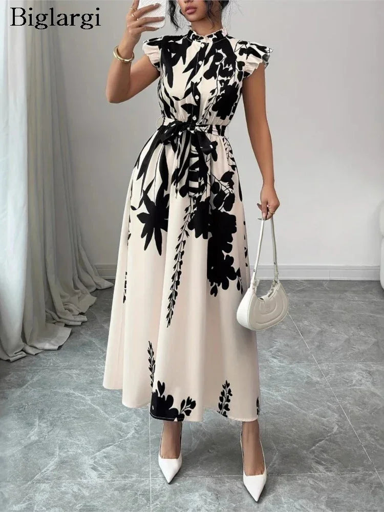 Summer Dress Women Flower Floral Print Fashion Elegant Ladies Dresses Slim High Waist Ruffle Pleated Woman Dress